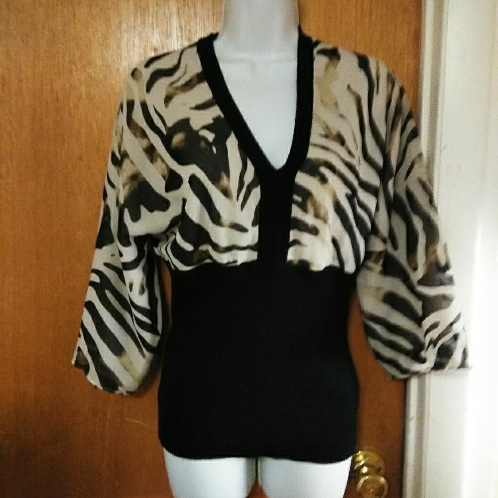 Cream black and brown V neck Blouse